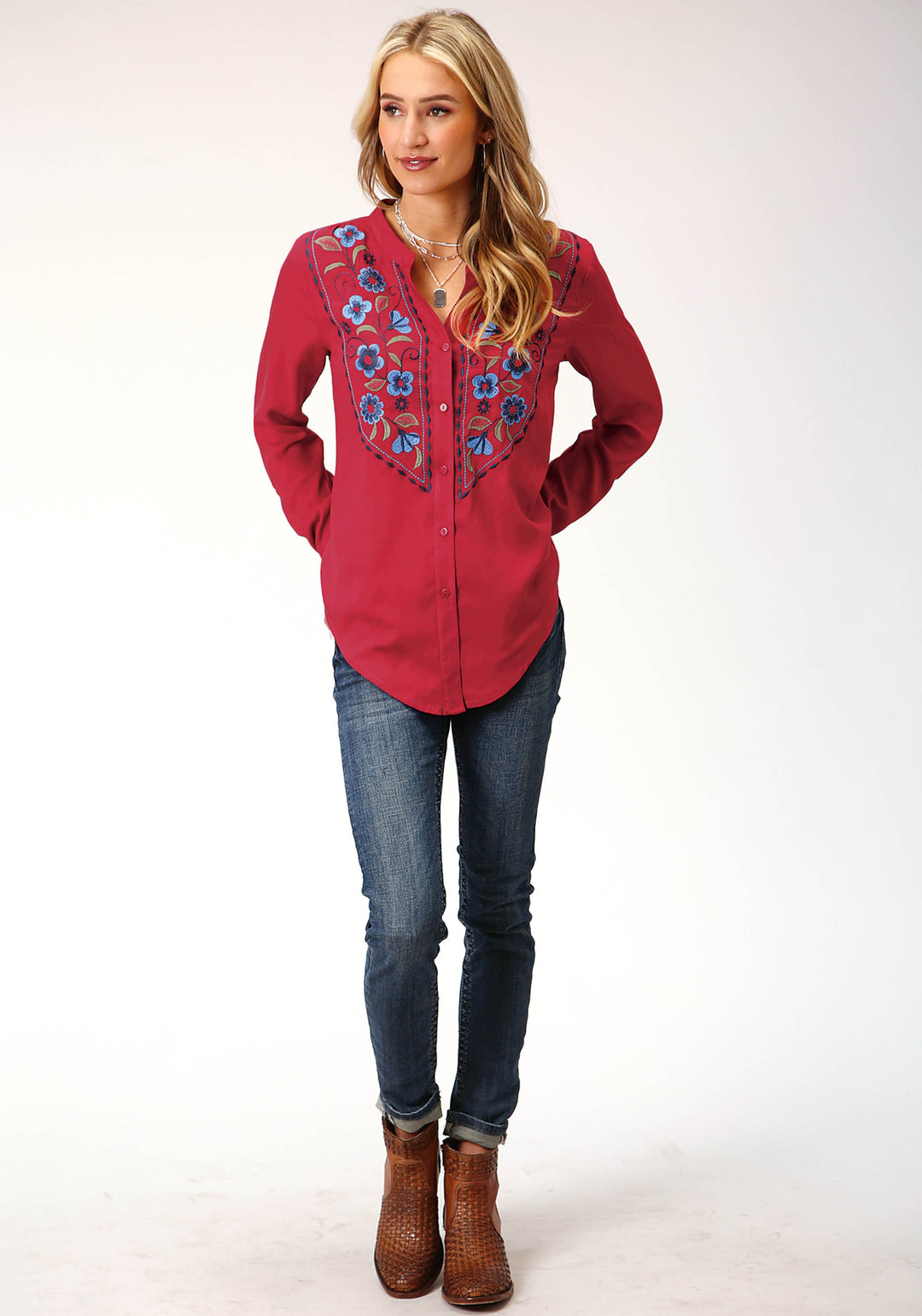 WOMENS LONG SLEEVE RASPBERRY RAYON CHALLIS  BLOUSE
