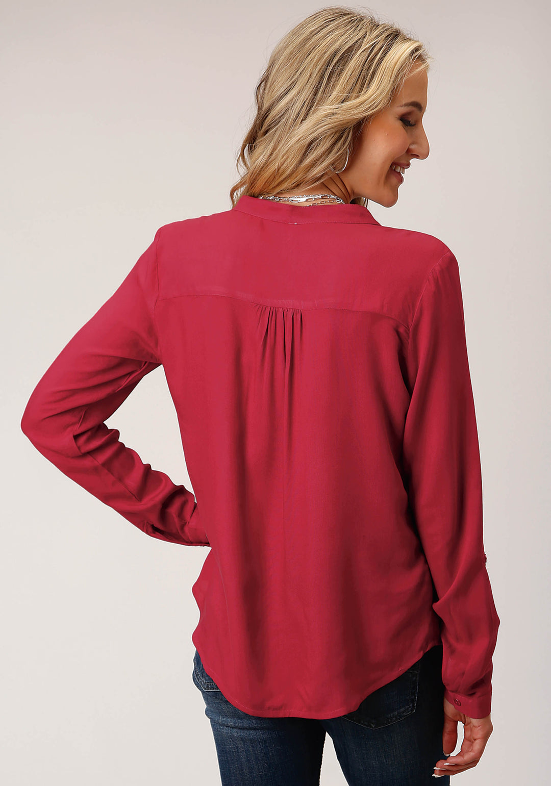 WOMENS LONG SLEEVE RASPBERRY RAYON CHALLIS  BLOUSE