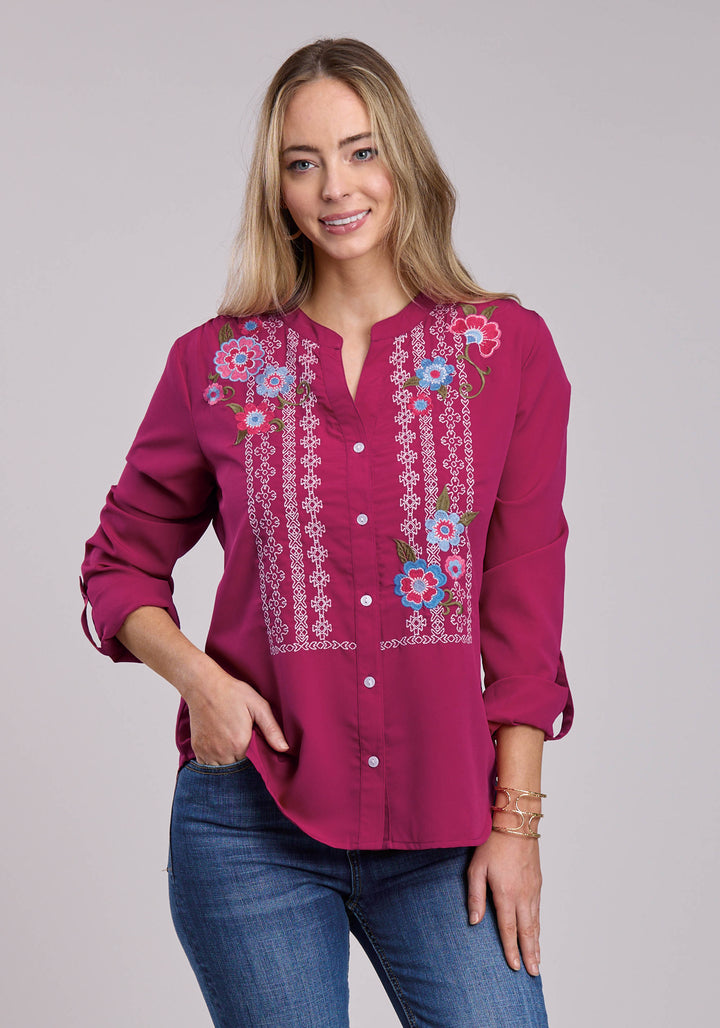 WOMENS ROPER RASPBERRY POLY CREPE Long Sleeve Button BLOUSE
