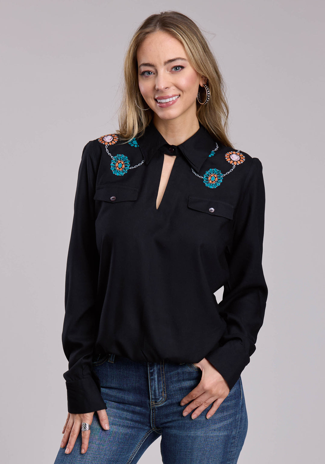 WOMENS ROPER RAYON CHALLIS FAUX WRAP FRONT LONG SLEEVE SNAP SHIRT