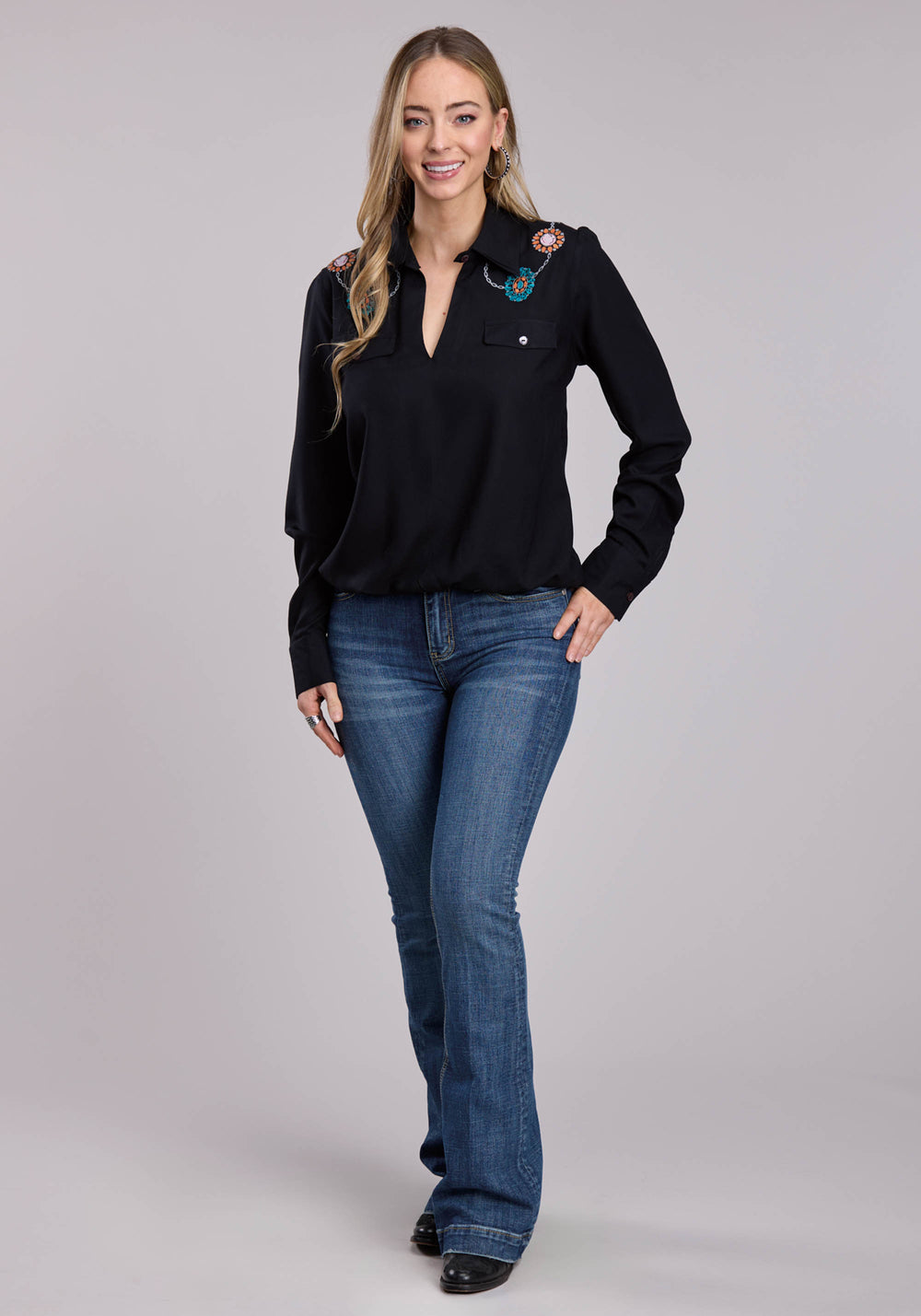 WOMENS ROPER RAYON CHALLIS FAUX WRAP FRONT LONG SLEEVE SNAP SHIRT