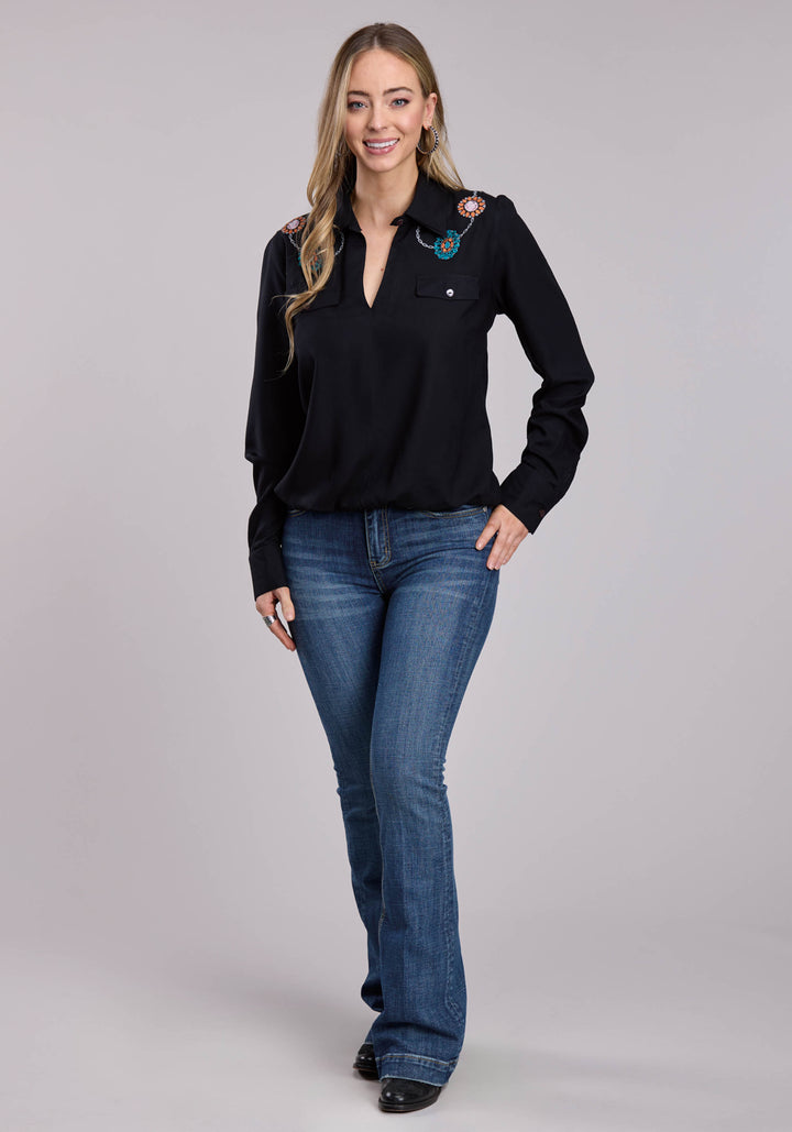 WOMENS ROPER RAYON CHALLIS FAUX WRAP FRONT LONG SLEEVE SNAP SHIRT