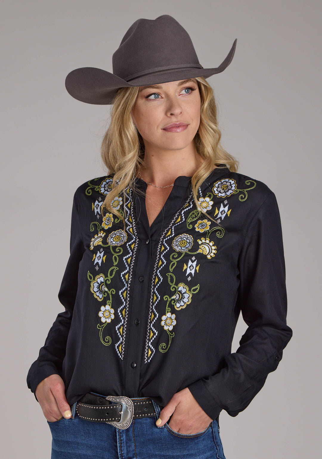 WOMENS BLACK RAYON BLOUSE LONG SLEEVE BUTTON WESTERN SHIRT