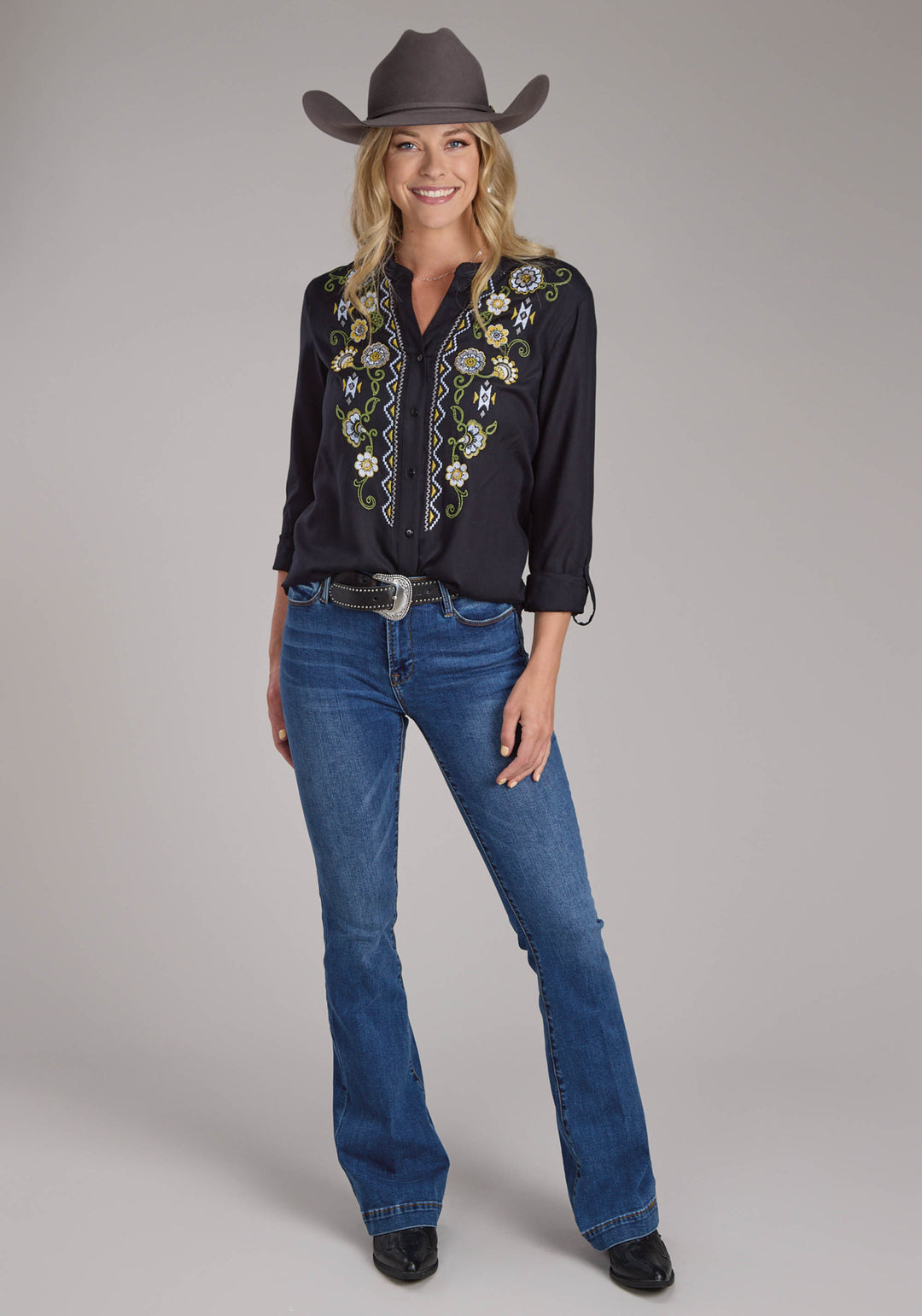 WOMENS BLACK RAYON BLOUSE LONG SLEEVE BUTTON WESTERN SHIRT