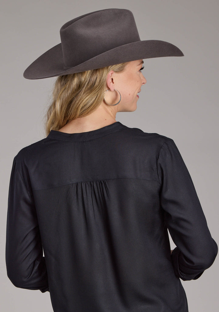 WOMENS BLACK RAYON BLOUSE LONG SLEEVE BUTTON WESTERN SHIRT