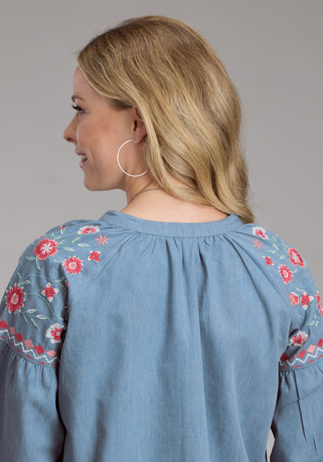 WOMENS DENIM LONG SLEEVE V-NECK PEASANT BLOUSE LONG SLEEVE PULLOVER WESTERN SHIRT