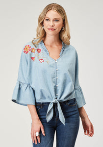 WOMENS LONG SLEEVE BUTTON LIGHT BLUE COTTON DENIM BLOUSEN WESTERN SHIRT WITH V NECK RUFFLE COLLAR RAGLAN SLEEVES EMBROIDERY