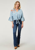 WOMENS LONG SLEEVE BUTTON LIGHT BLUE COTTON DENIM BLOUSEN WESTERN SHIRT WITH V NECK RUFFLE COLLAR RAGLAN SLEEVES EMBROIDERY