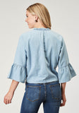 WOMENS LONG SLEEVE BUTTON LIGHT BLUE COTTON DENIM BLOUSEN WESTERN SHIRT WITH V NECK RUFFLE COLLAR RAGLAN SLEEVES EMBROIDERY