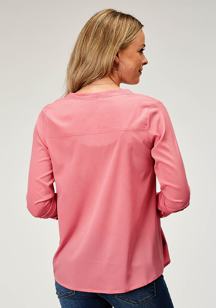 WOMENS LONG SLEEVE PULLOVER PINK POLY CREPE V NECK WESTERN SHIRT WITH EMBROIDERY BODICE AND ROLLABLE LS