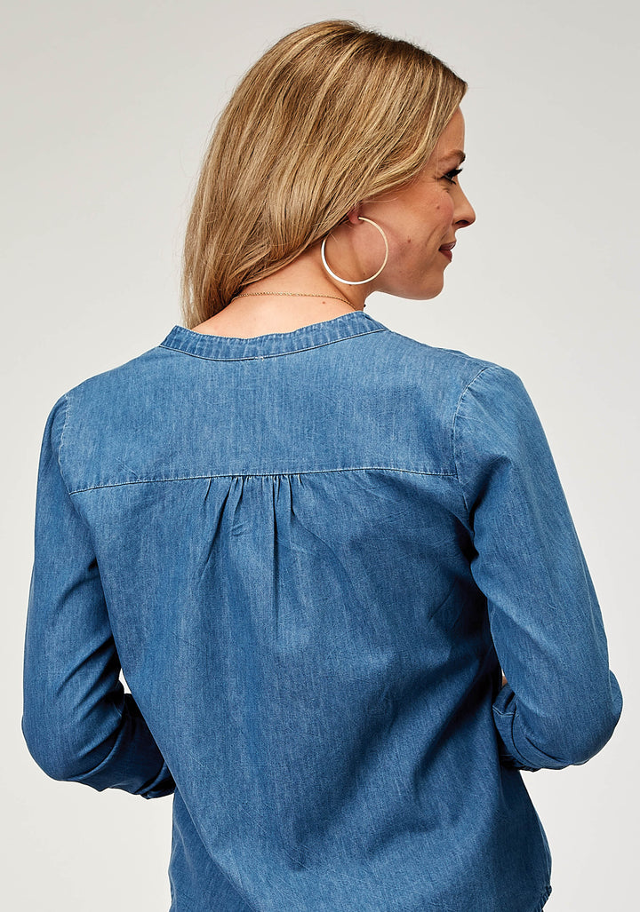 WOMENS LONG SLEEVE BUTTON LIGHT WEIGHT MED BLUE DENIM BLOUSE WESTERN SHIRT WITH V NECK TIE FRONT EMBROIDERY FRONT