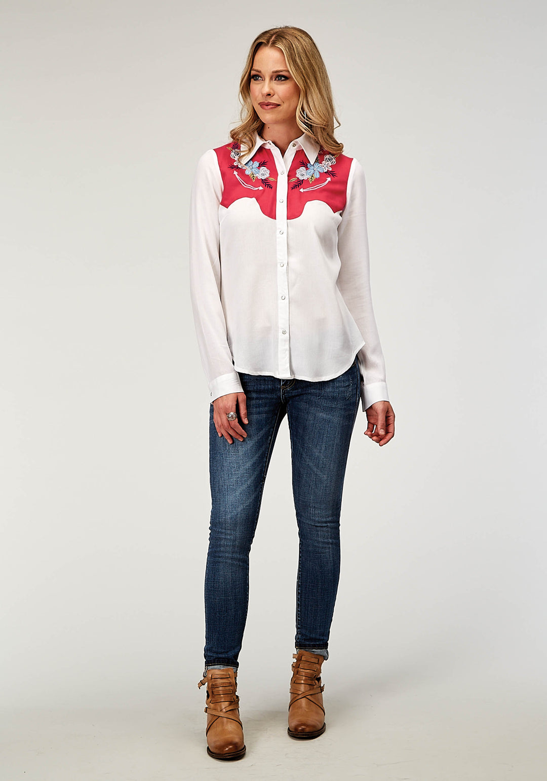 WOMENS LONG SLEEVE SNAP RAYON CHALLIS RETRO WESTERN SHIRT WITH CONTRAST YOKES SMILE POCKETS AND EMBROIDERY