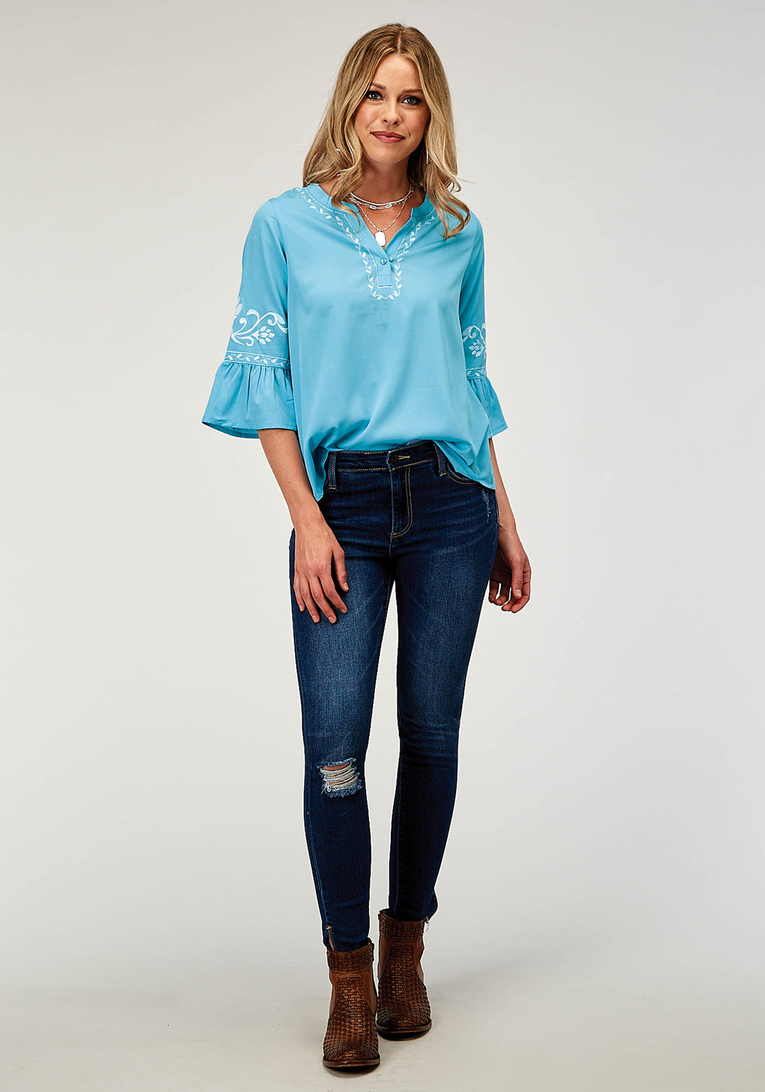 WOMENS LONG SLEEVE PULLOVER POLY CREPE PEASANT WESTERN BLOUSE WITH SPLIT V PLACKET THREE QUARTER BELL SLEEVES EMBROIDERY