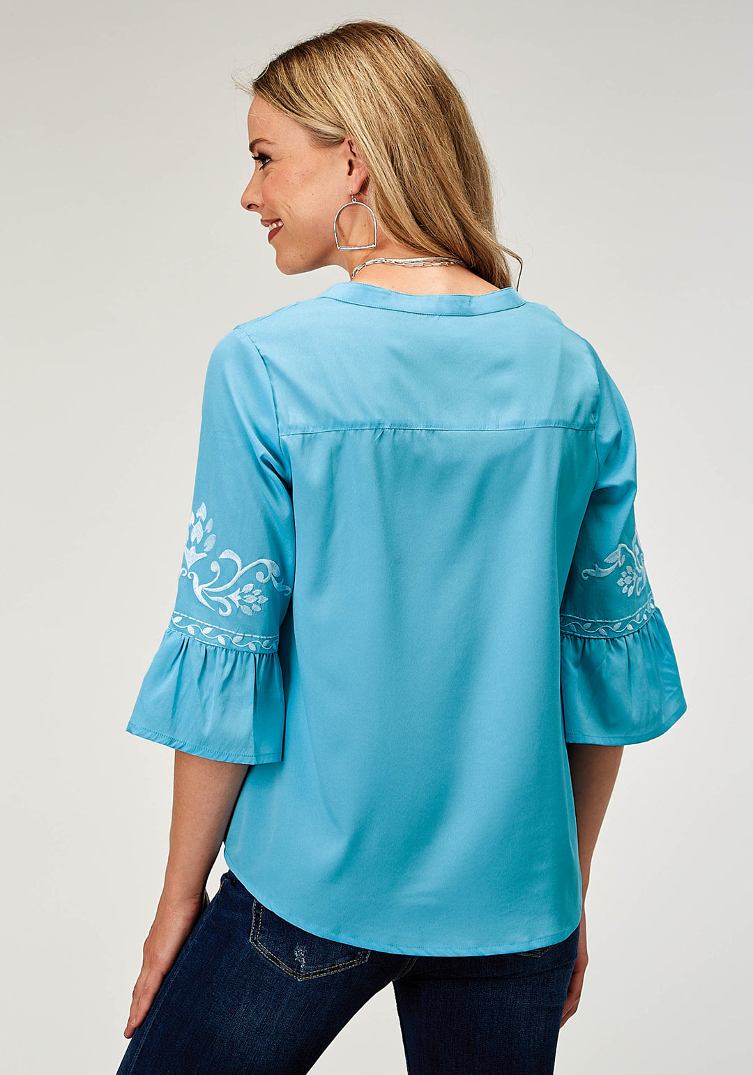 WOMENS LONG SLEEVE PULLOVER POLY CREPE PEASANT WESTERN BLOUSE WITH SPLIT V PLACKET THREE QUARTER BELL SLEEVES EMBROIDERY
