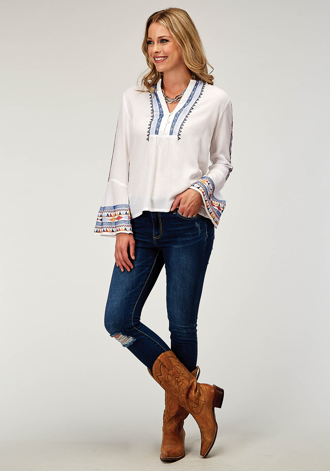 WOMENS LONG SLEEVE PULLOVER RAYON CHALLIS PEASANT WESTERN BLOUSE WITH V NECK EMBROIDERY