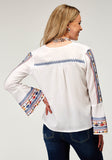 WOMENS LONG SLEEVE PULLOVER RAYON CHALLIS PEASANT WESTERN BLOUSE WITH V NECK EMBROIDERY