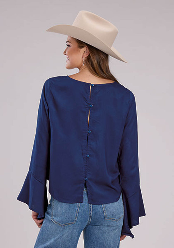 WOMENS 1 SOLID NAVY BLUE RAYON BLOUSE LONG SLEEVE BUTTON WESTERN SHIRT