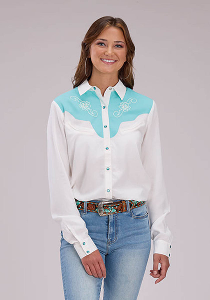 WOMENS SOLID CREAM RAYON BLOUSE LONG SLEEVE SNAP WESTERN SHIRT