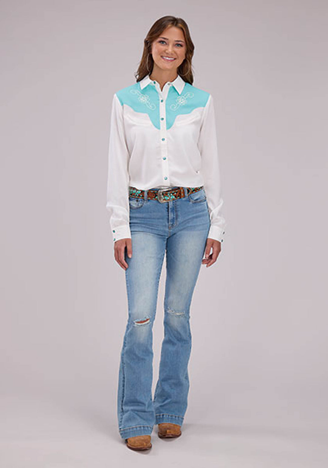 WOMENS SOLID CREAM RAYON BLOUSE LONG SLEEVE SNAP WESTERN SHIRT