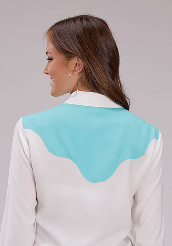 WOMENS SOLID CREAM RAYON BLOUSE LONG SLEEVE SNAP WESTERN SHIRT