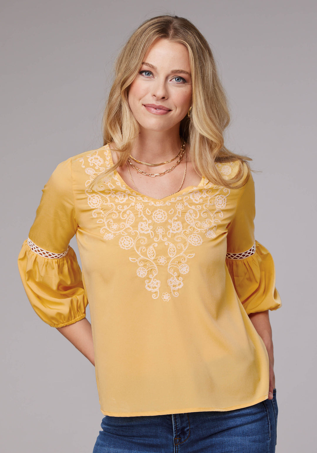 WOMENS LONG SLEEVE PULLOVER SOLID POLY CREPE PEASANT WESTERN BLOUSE WITH EMBROIDERY AND LACE TRIM THREE QUARTER SLEEVES