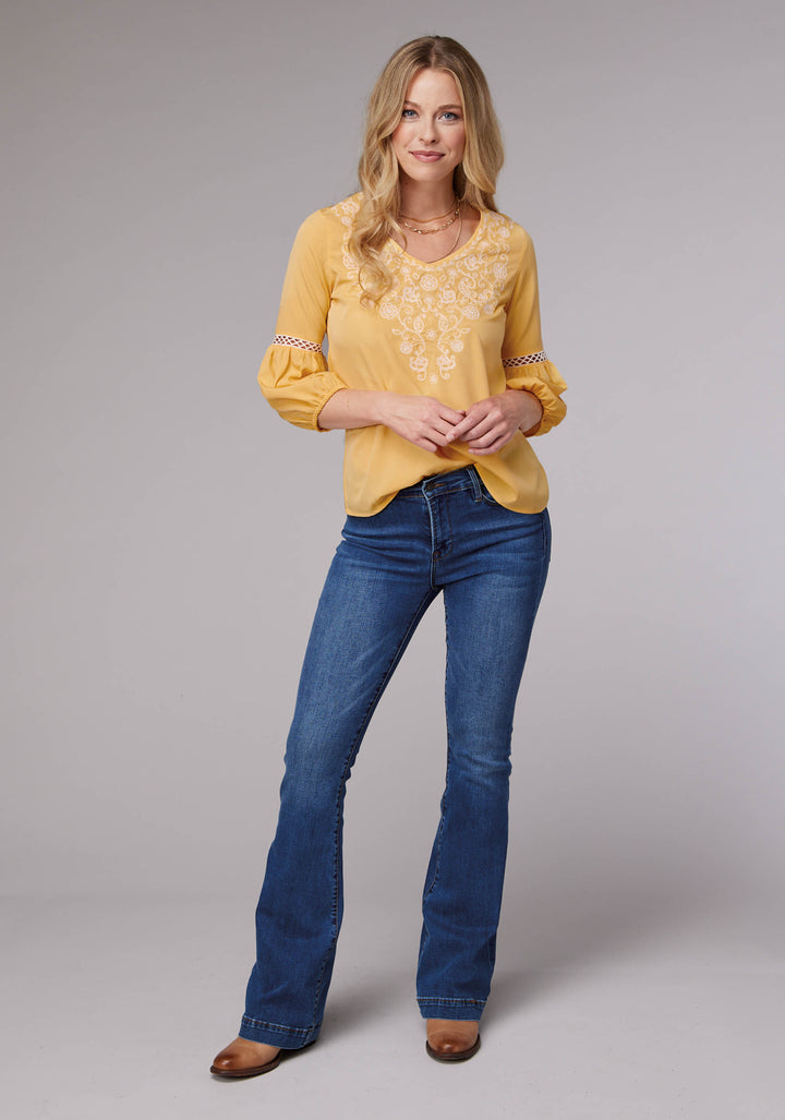 WOMENS LONG SLEEVE PULLOVER SOLID POLY CREPE PEASANT WESTERN BLOUSE WITH EMBROIDERY AND LACE TRIM THREE QUARTER SLEEVES