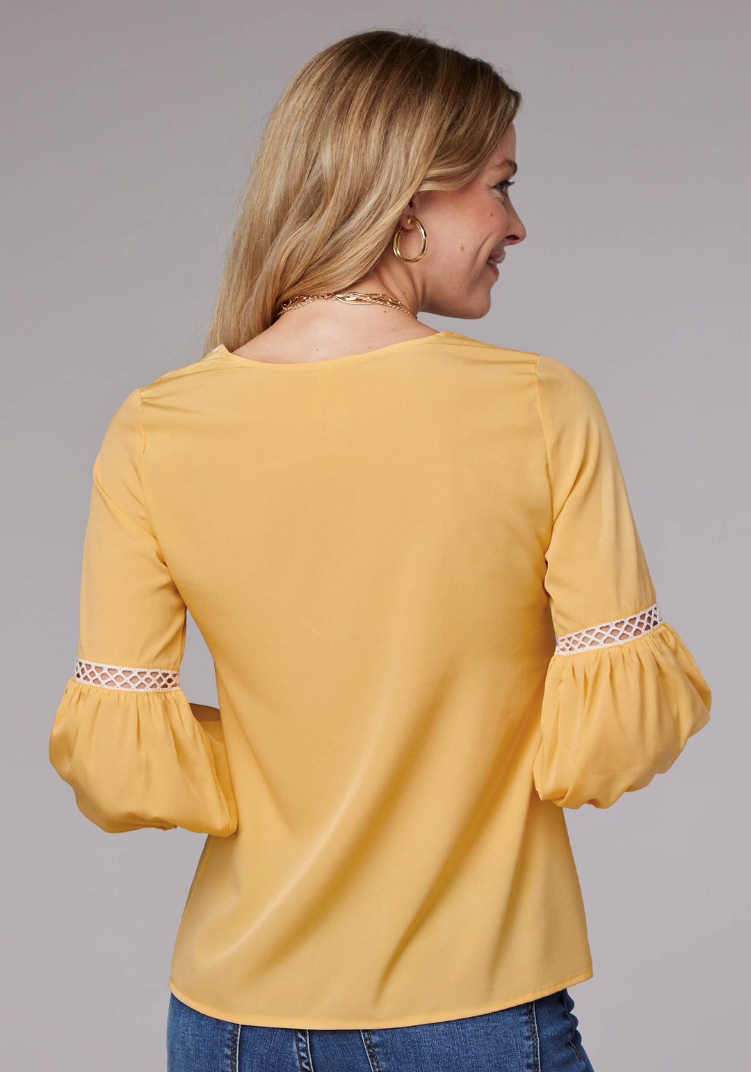 WOMENS LONG SLEEVE PULLOVER SOLID POLY CREPE PEASANT WESTERN BLOUSE WITH EMBROIDERY AND LACE TRIM THREE QUARTER SLEEVES