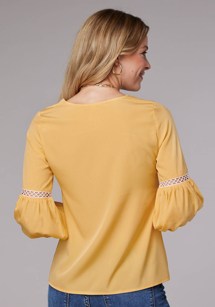 WOMENS LONG SLEEVE PULLOVER SOLID POLY CREPE PEASANT WESTERN BLOUSE WITH EMBROIDERY AND LACE TRIM THREE QUARTER SLEEVES