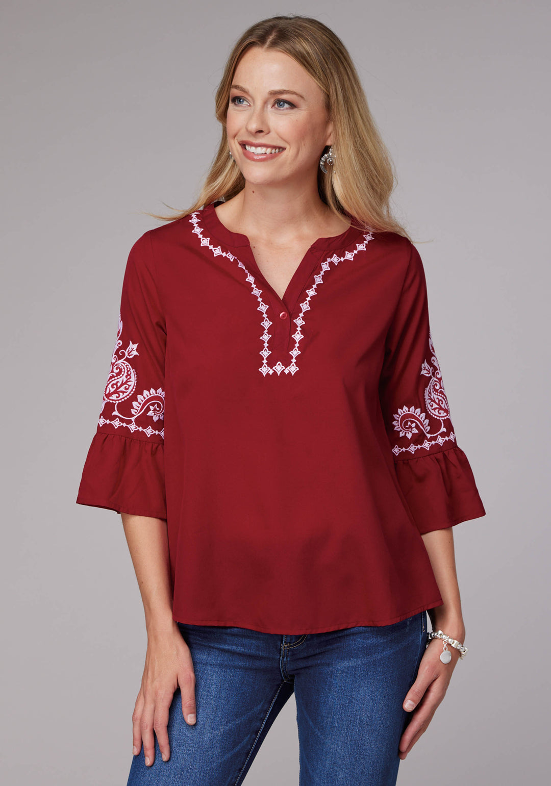 WOMENS DARK RED POLY CREPE PEASANT BLOUSE LONG SLEEVE PULLOVER WESTERN SHIRT