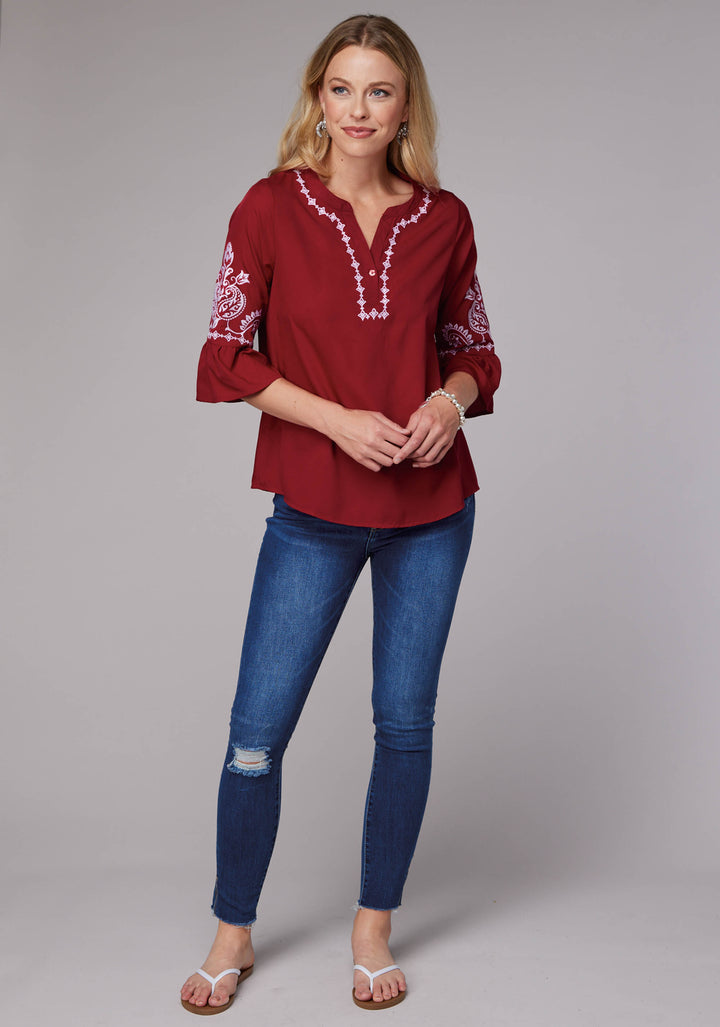 WOMENS DARK RED POLY CREPE PEASANT BLOUSE LONG SLEEVE PULLOVER WESTERN SHIRT