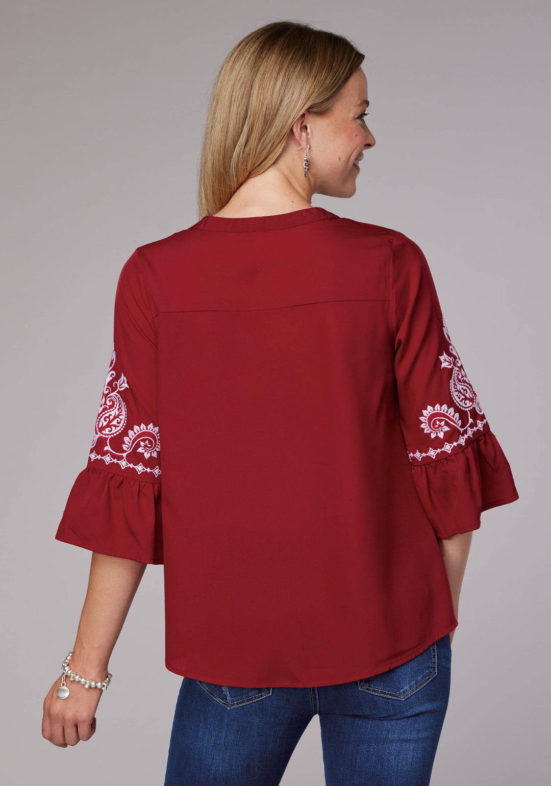 WOMENS DARK RED POLY CREPE PEASANT BLOUSE LONG SLEEVE PULLOVER WESTERN SHIRT