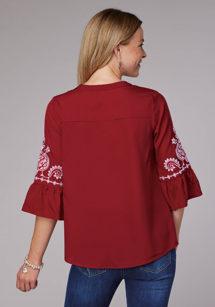 WOMENS DARK RED POLY CREPE PEASANT BLOUSE LONG SLEEVE PULLOVER WESTERN SHIRT