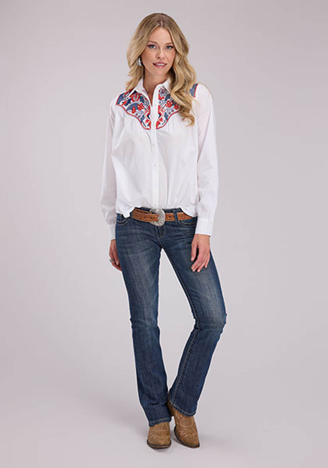 WOMENS COTTON POPLIN BLOUSE LONG SLEEVE BUTTON WESTERN SHIRT