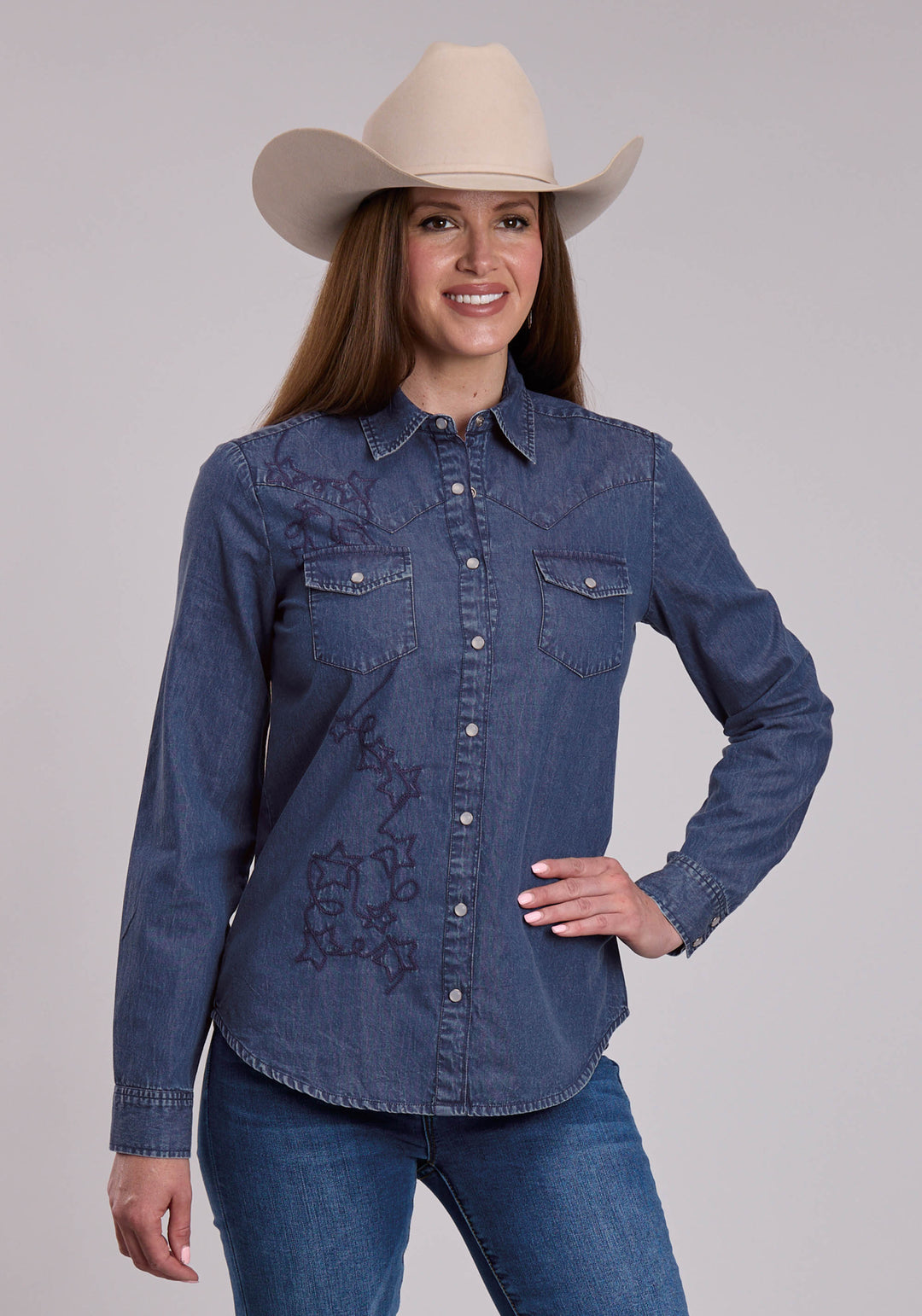 WOMENS ROPER DARK BLUE DENIM WESTERN BLOUSE
