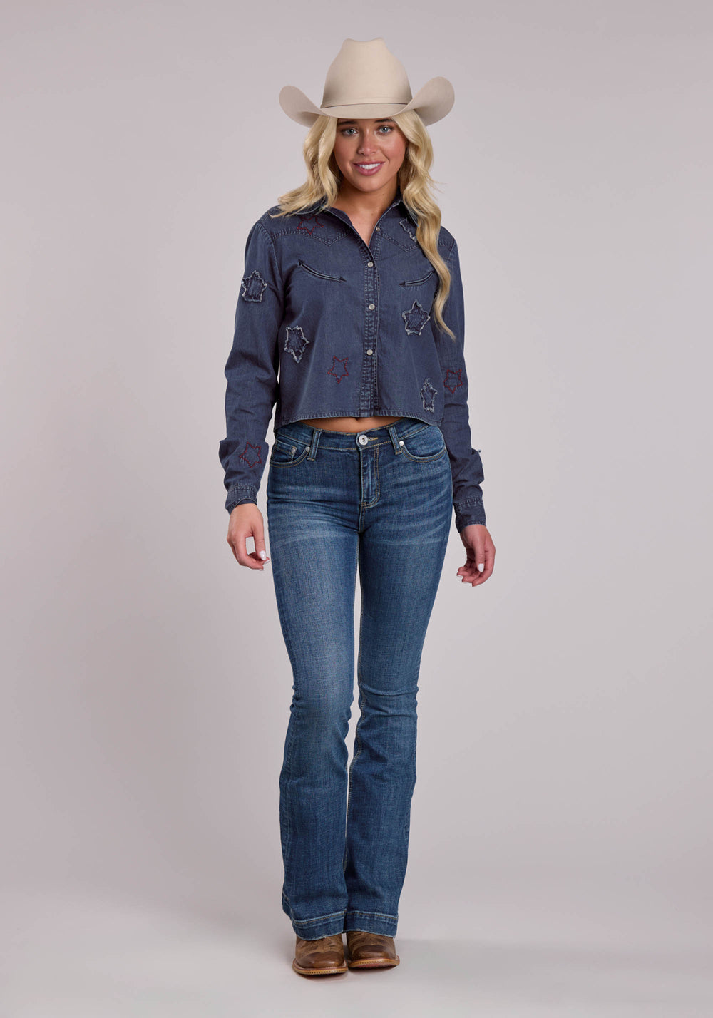 WOMENS ROPER DARK BLUE DENIM CROPPED BLOUSE