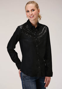 WOMENS LONG SLEEVE SOLID RAYON WESTERN BLOUSE