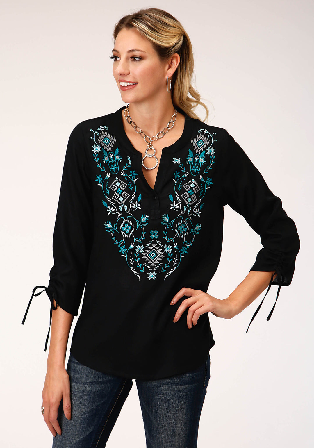 WOMENS LONG SLEEVE RAYON CHALLIS PEASANT BLOUSE