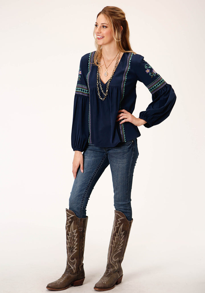WOMENS LONG SLEEVE POLY CREPE V NECK PEASANT  BLOUSE