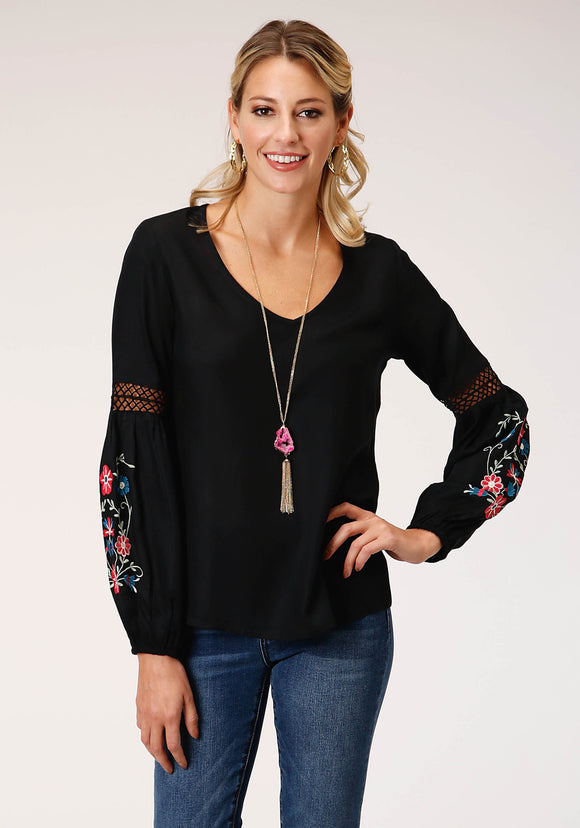 WOMENS LONG SLEEVE BLACK RAYON CHALLIS VNECK  BLOUSE