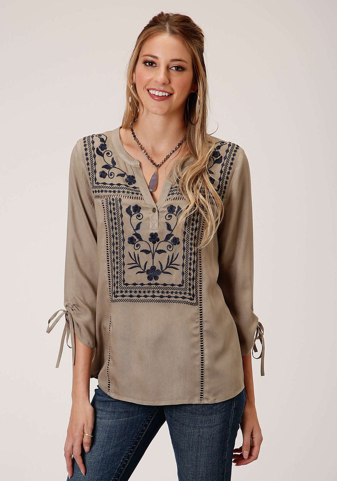 WOMENS LONG SLEEVE RAYON CHALLIS PEASANT  BLOUSE