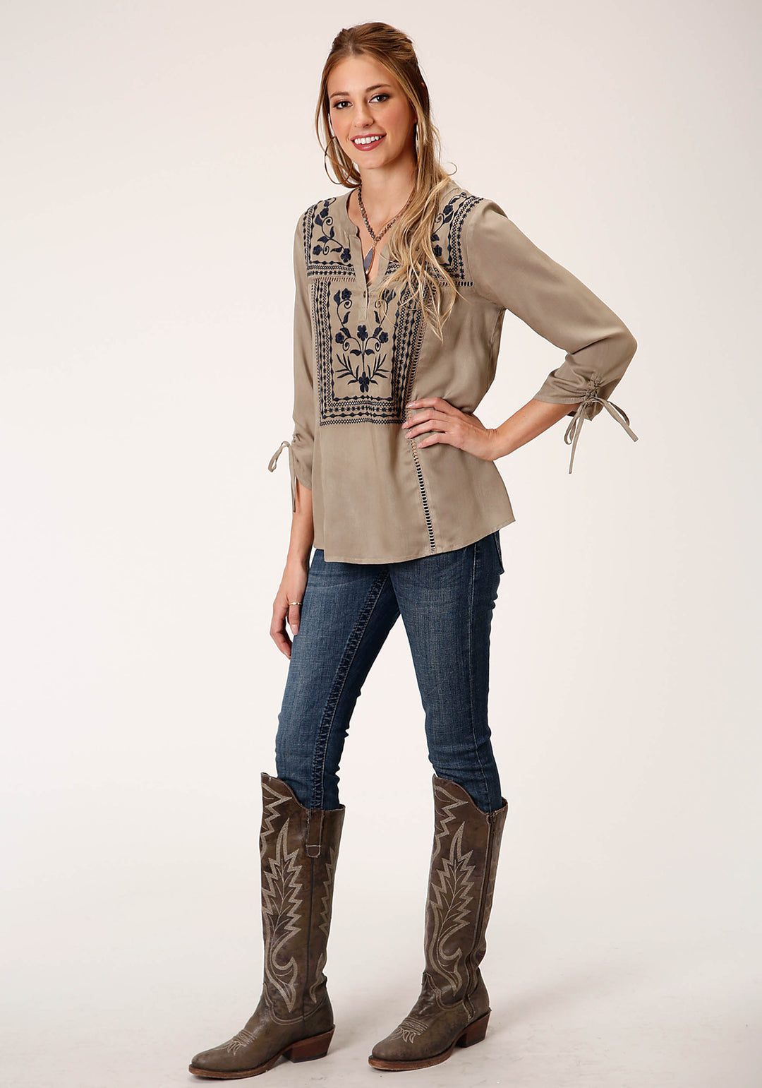 WOMENS LONG SLEEVE RAYON CHALLIS PEASANT  BLOUSE