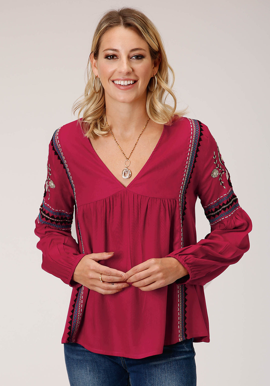 WOMENS LONG SLEEVE RASPBERRY SOLID RAYON CHALLIS BLOUSE