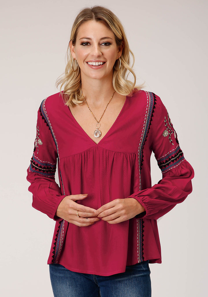 WOMENS LONG SLEEVE RASPBERRY SOLID RAYON CHALLIS BLOUSE