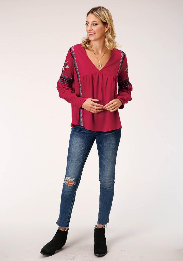 WOMENS LONG SLEEVE RASPBERRY SOLID RAYON CHALLIS BLOUSE