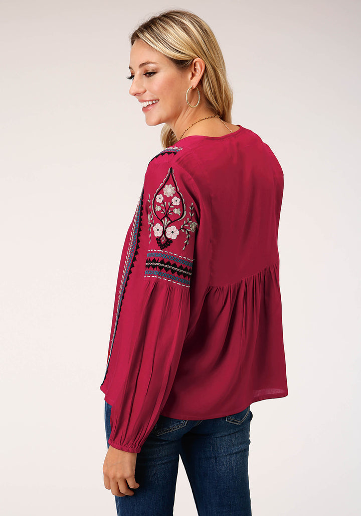 WOMENS LONG SLEEVE RASPBERRY SOLID RAYON CHALLIS BLOUSE