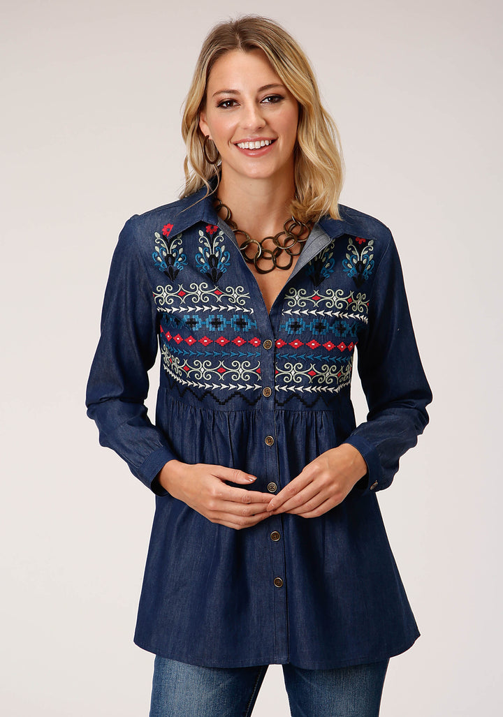 WOMENS LONG SLEEVE INDIGO DENIM TUNIC BLOUSE