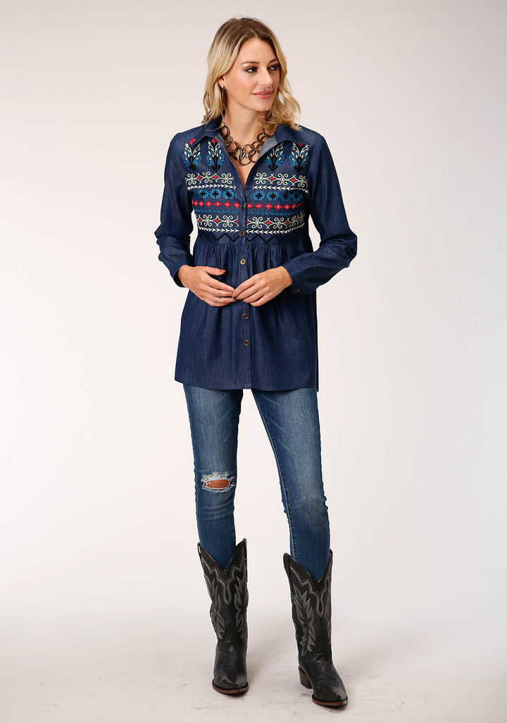 WOMENS LONG SLEEVE INDIGO DENIM TUNIC BLOUSE