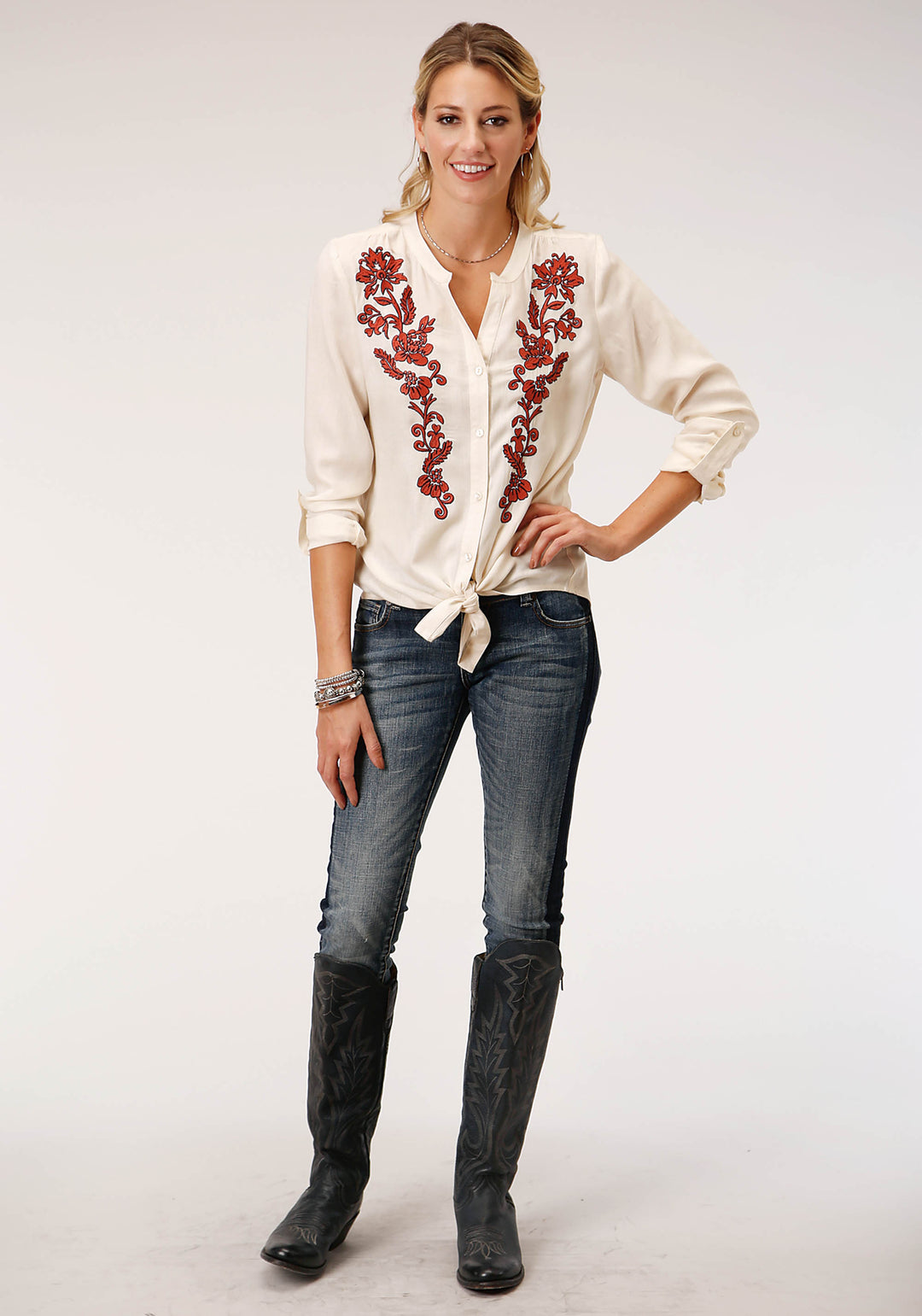 WOMENS LONG SLEEVE CREAM SOLID RAYON CHALLIS BLOUSE