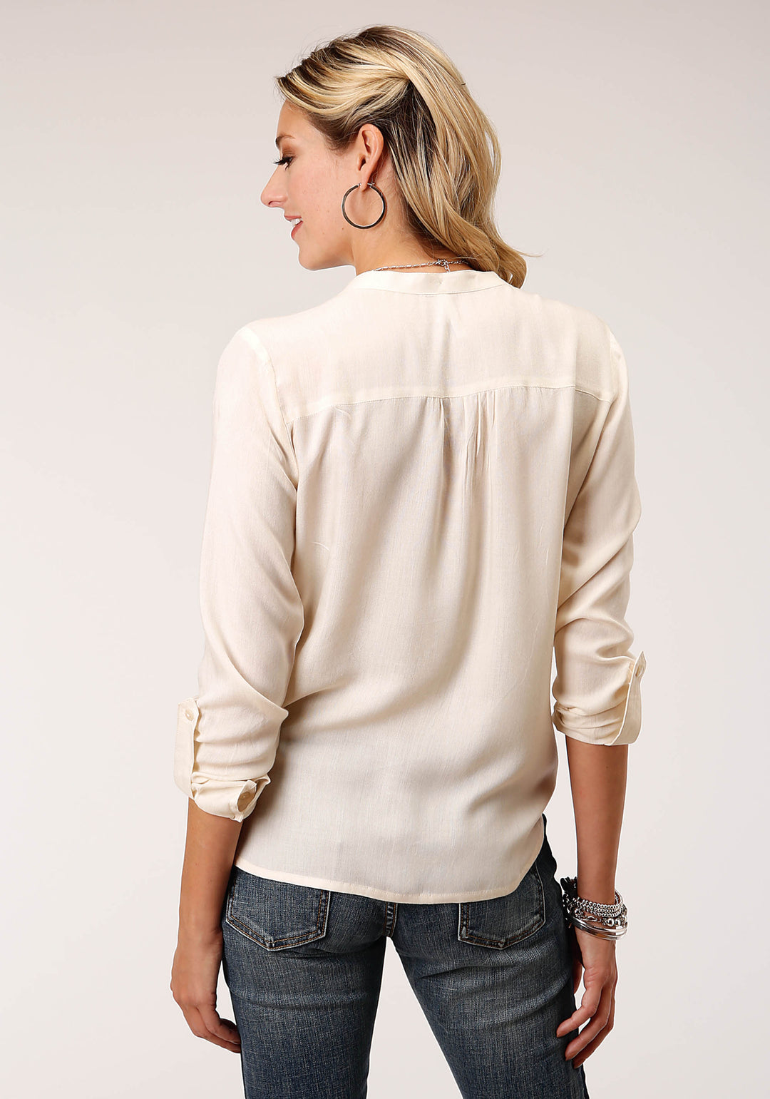 WOMENS LONG SLEEVE CREAM SOLID RAYON CHALLIS BLOUSE