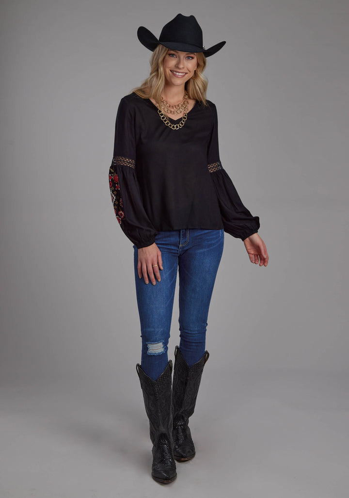 WOMENS SOLID RAYON CHALLIS BLOUSE LONG SLEEVE PULLOVER WESTERN SHIRT